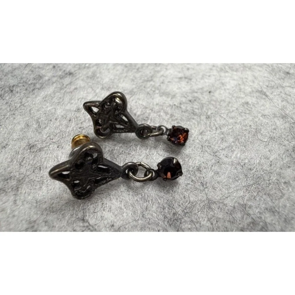 Vintage Mid Century Amber Rhinestone Silver Tone Filigree Dangle Earrings 1950s